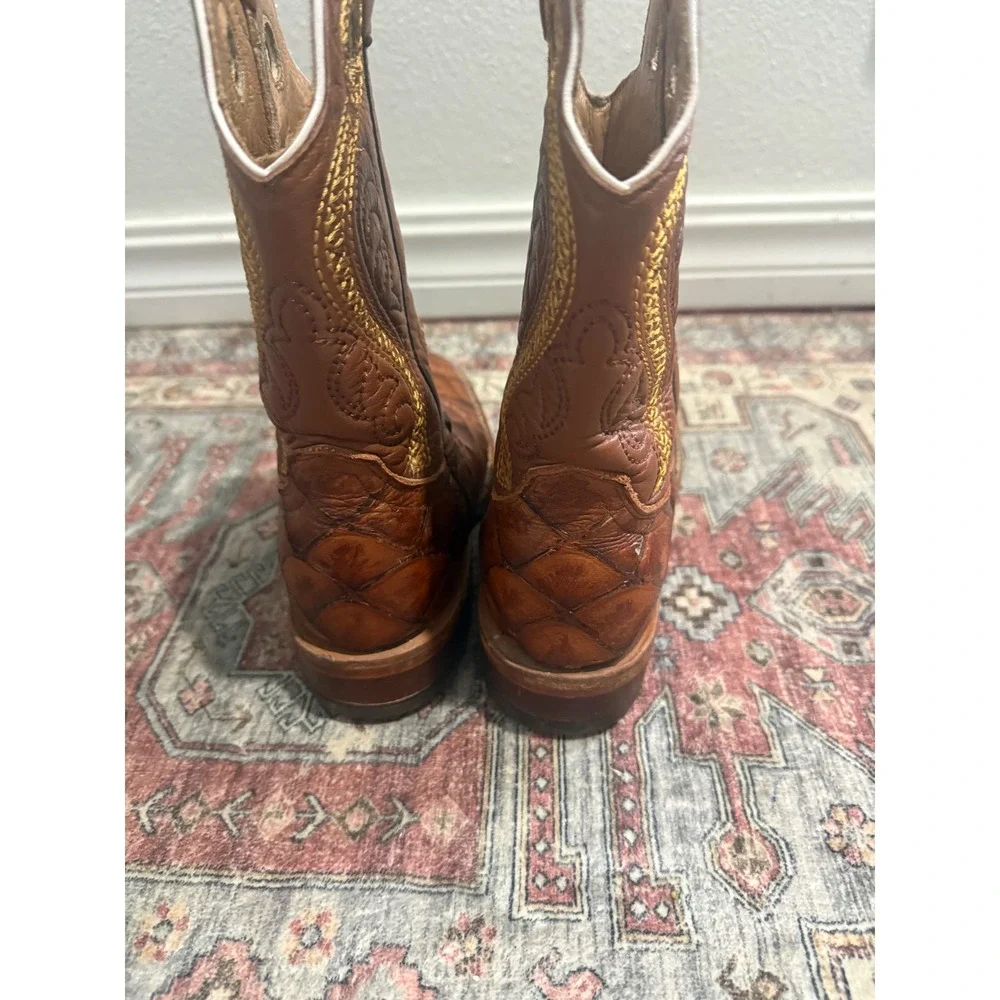 Besserro Brown Fish Skin Leather Square Toe Cowboy Boots‎ womens 5.5 EE men 4
